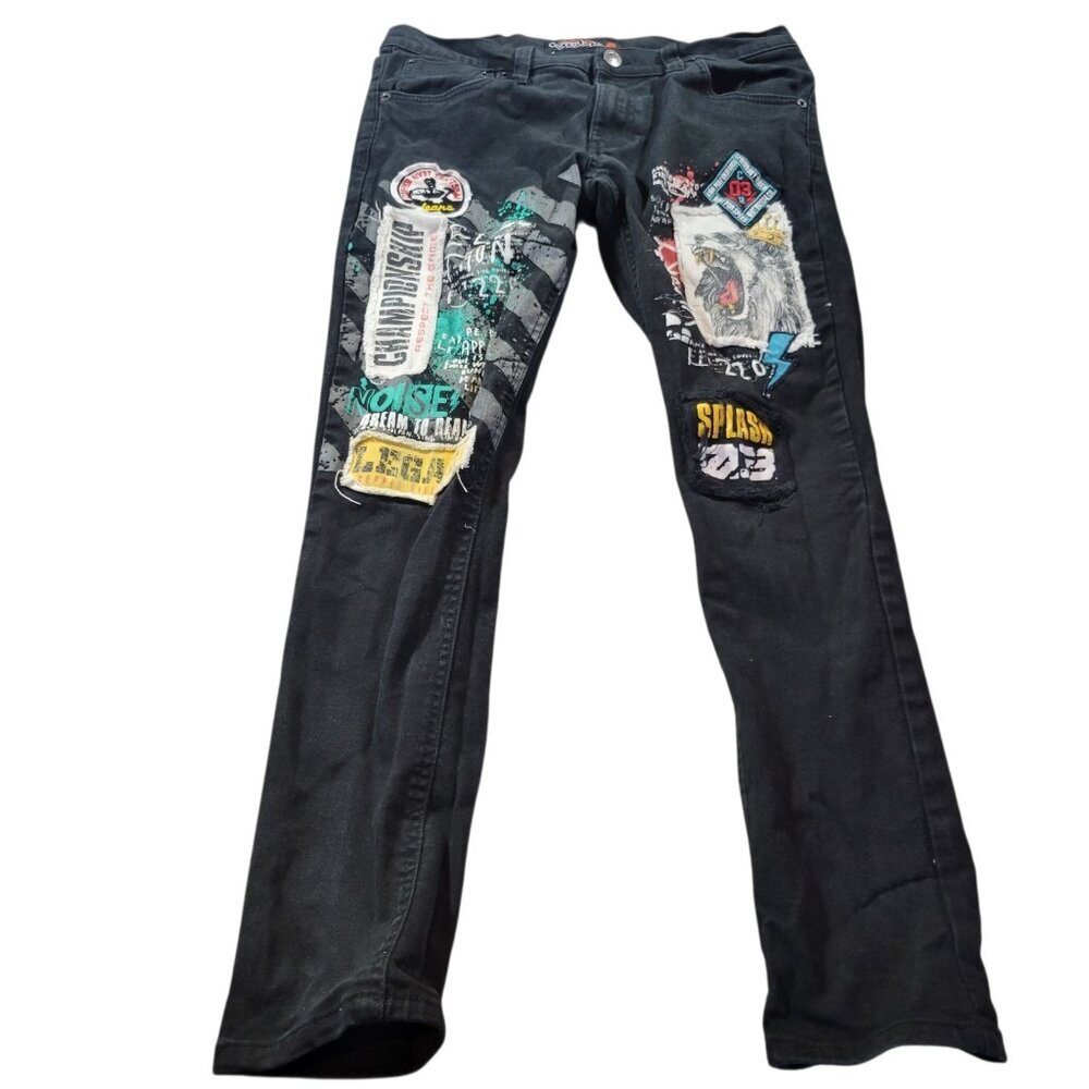 Copper Rivet Jeans Mens 34x29.5 Tag 34x32 Distressed Black Patches